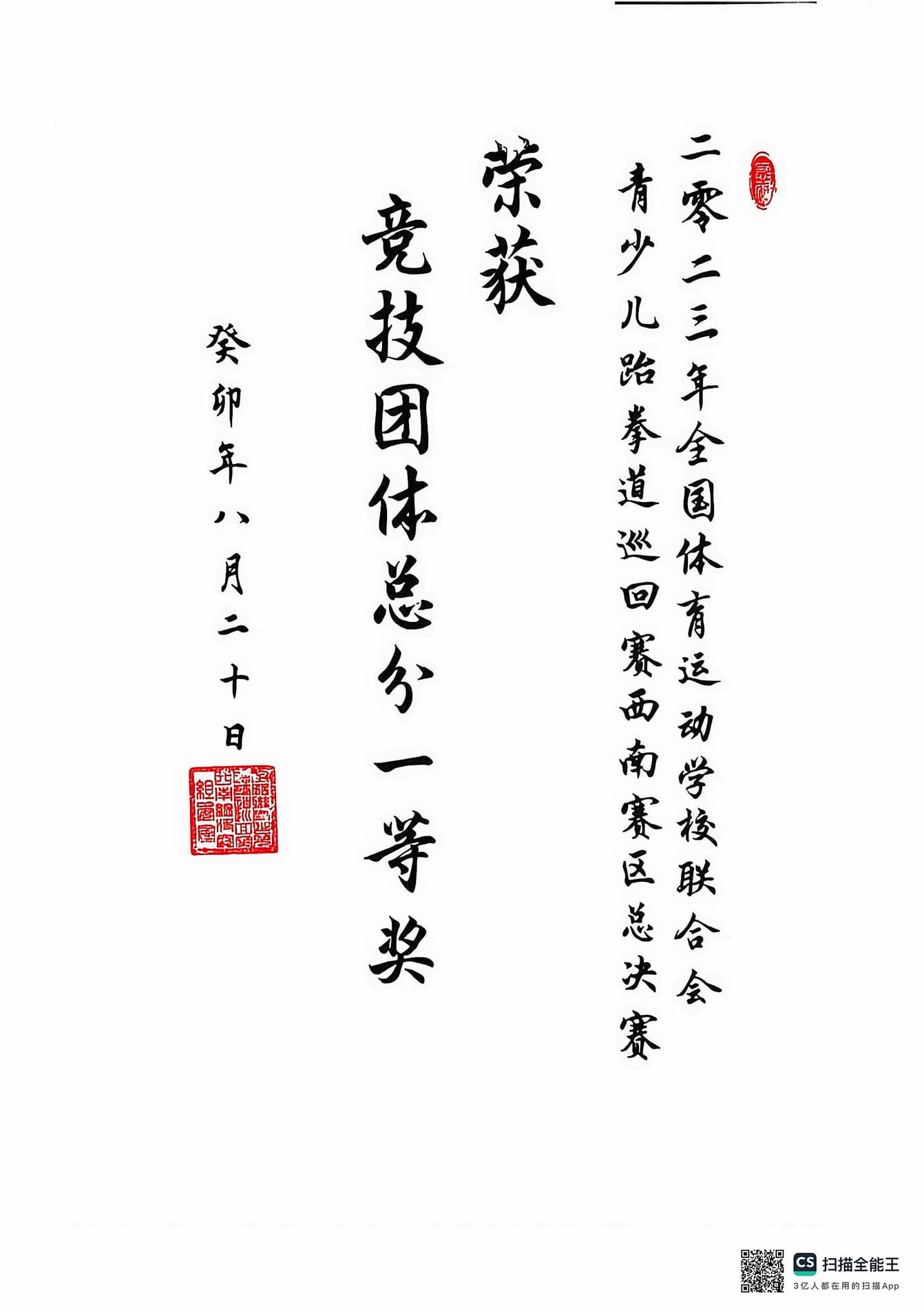 2023年全国青少年跆拳道俱乐部联赛总决赛竞技团体总分一等奖