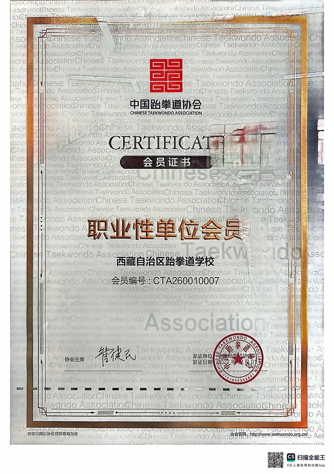 中国跆拳道协会会员证书
